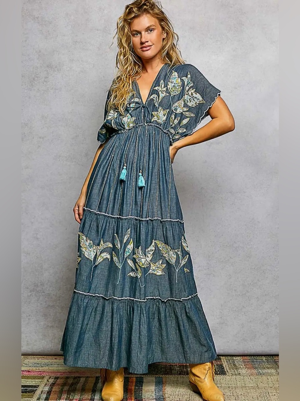 NEW POL Embroidery Ruffle Neck Loop Cotton
Denim V-neck Long Dress Deep Denim